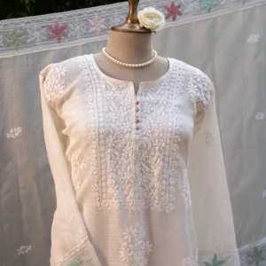 White Kota Lucknowi Chikankari Suit Set with Ghaspatti, Bakhya & Phanda