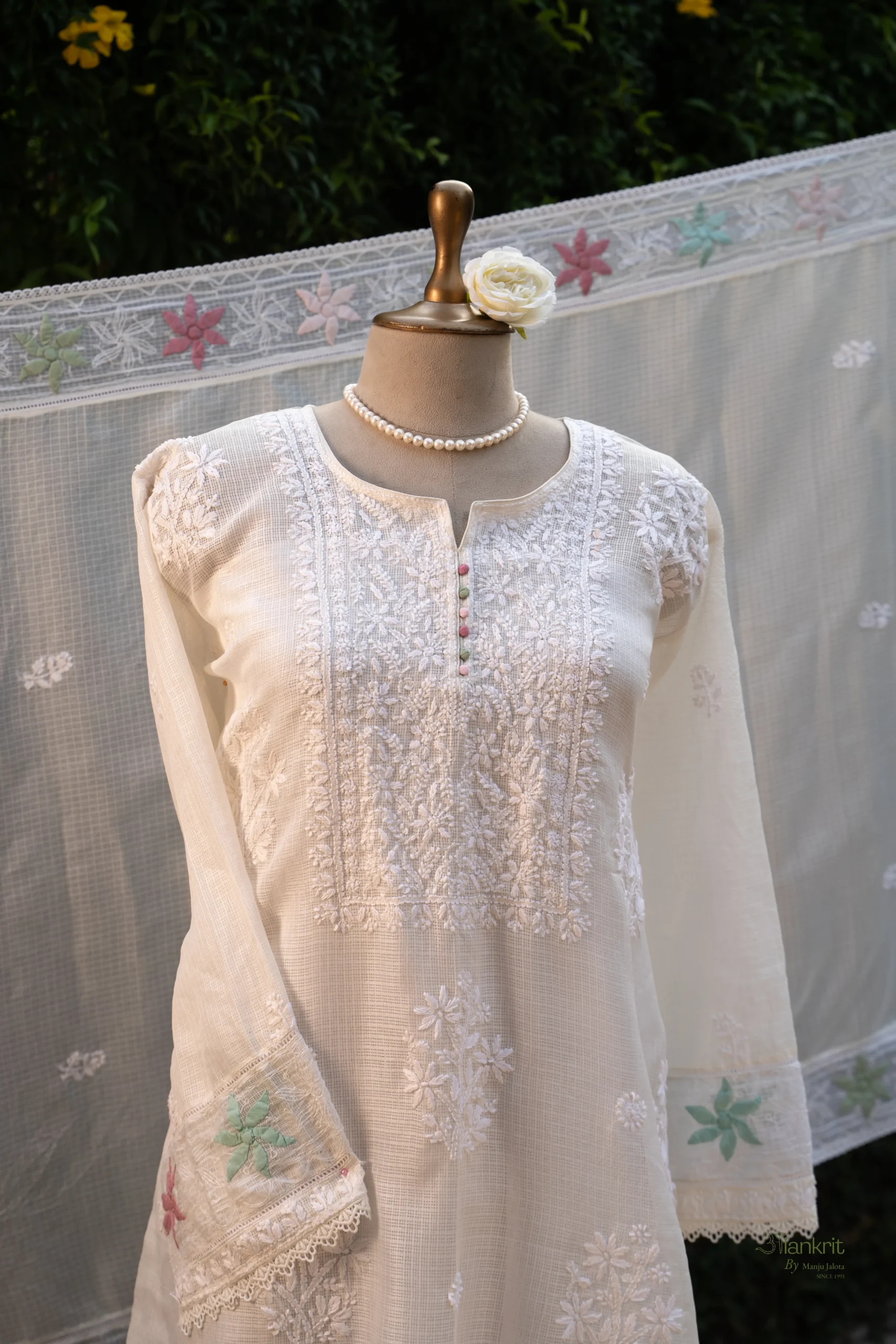 DSC06657 White Kota Lucknowi Chikankari Suit Set with Ghaspatti, Bakhya & Phanda - Image 1