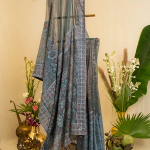 Emerald Blue Tissue Saree with Tapechi Embroidery.